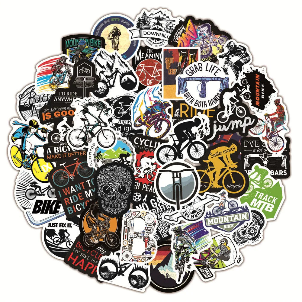 Bicycle Doodle Sticker pack showing 50 cycling-themed vinyl decals for notebook and surface customisation