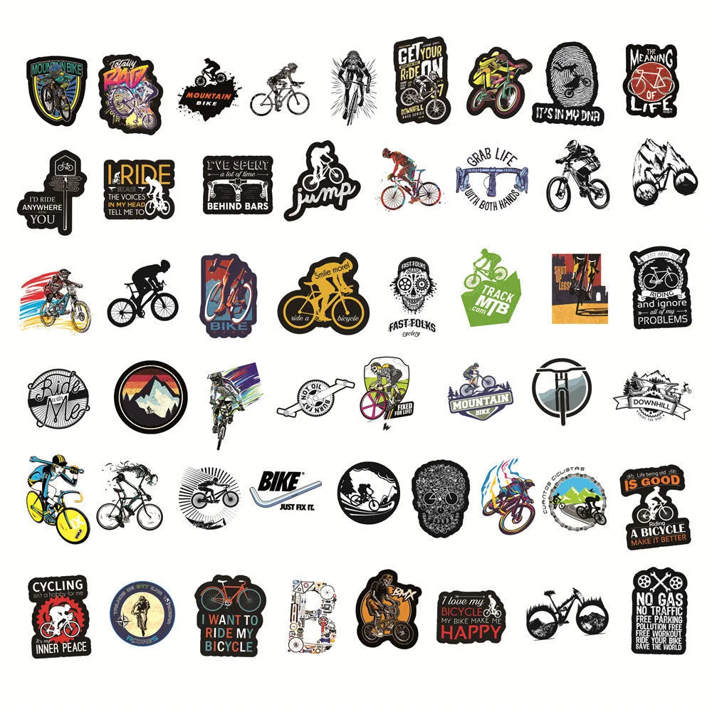 Bicycle Doodle Sticker pack showing 50 cycling-themed vinyl decals for notebook and surface customisation