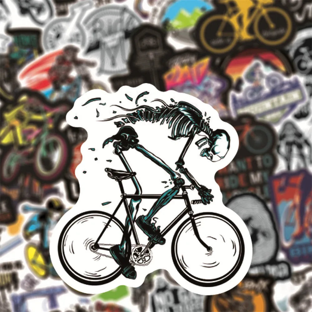 Bicycle Doodle Sticker pack showing 50 cycling-themed vinyl decals for notebook and surface customisation