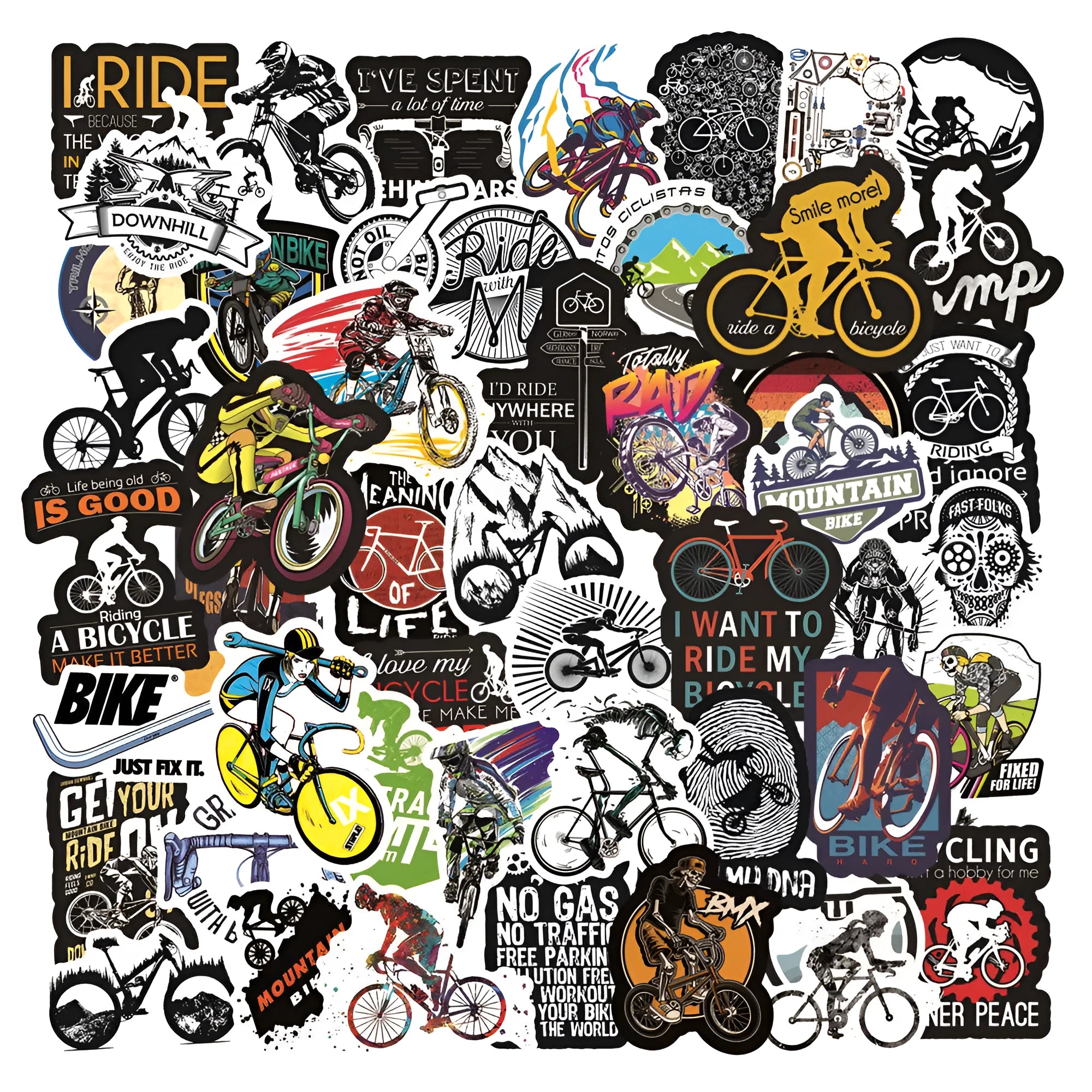 Bicycle Doodle Sticker pack showing 50 cycling-themed vinyl decals for notebook and surface customisation