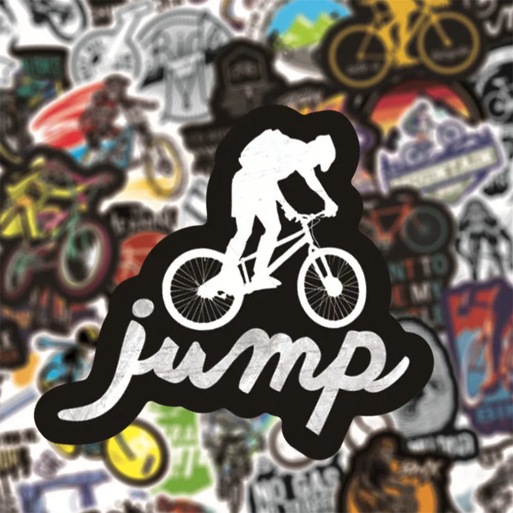 Bicycle Doodle Sticker pack showing 50 cycling-themed vinyl decals for notebook and surface customisation
