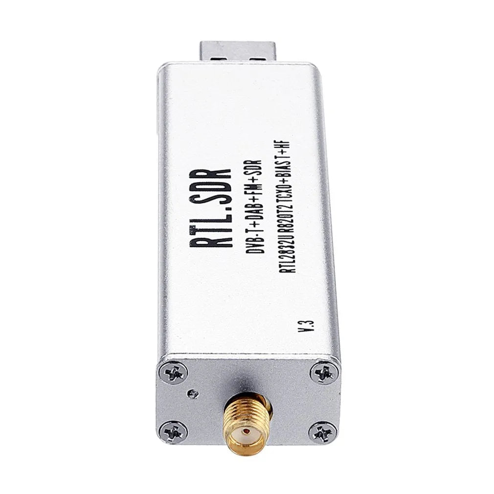 Black metal A300U all-band software defined radio SDR receiver with gold SMA connector.