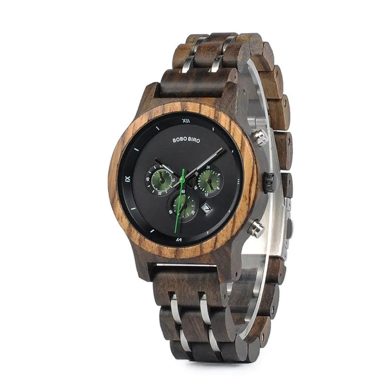 Men's wooden business casual quartz watch with round dial and wood strap