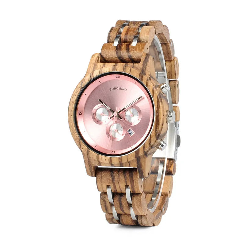 Men's wooden business casual quartz watch with round dial and wood strap
