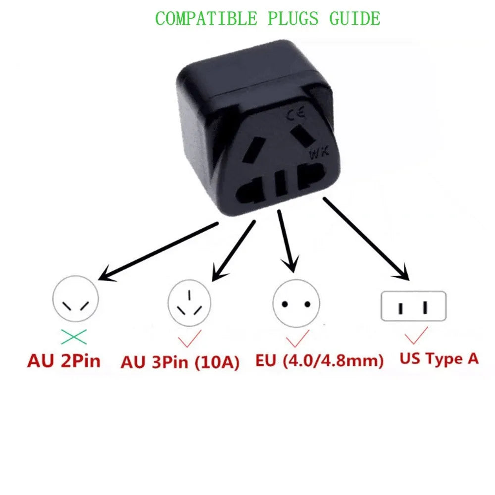 Square white and black three-pin grounded international power adapter.