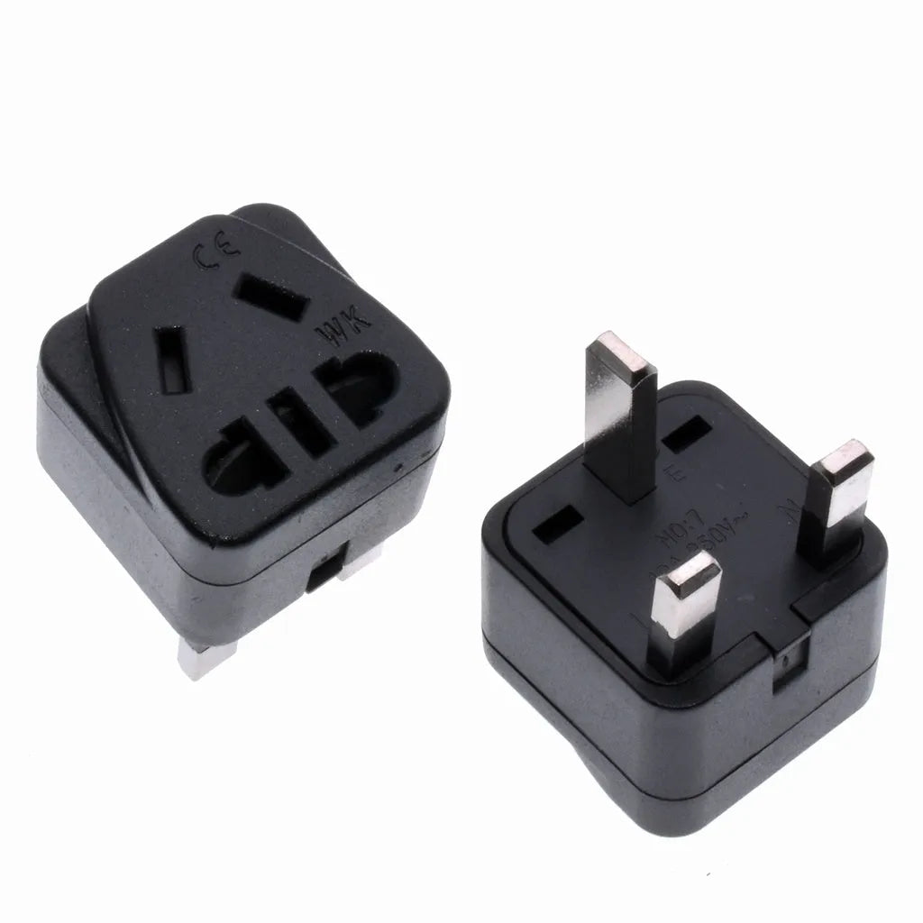 Square white and black three-pin grounded international power adapter.