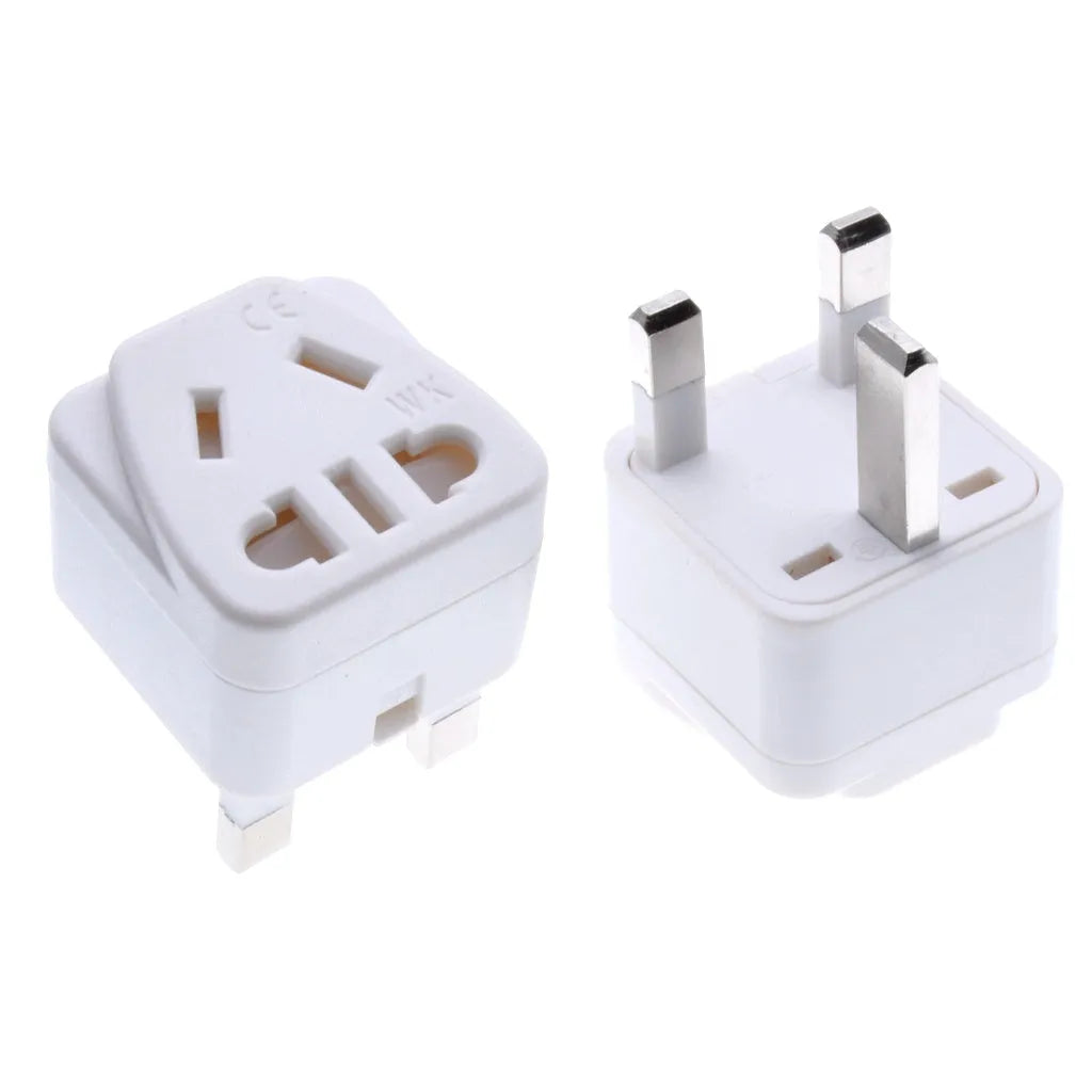 Square white and black three-pin grounded international power adapter.