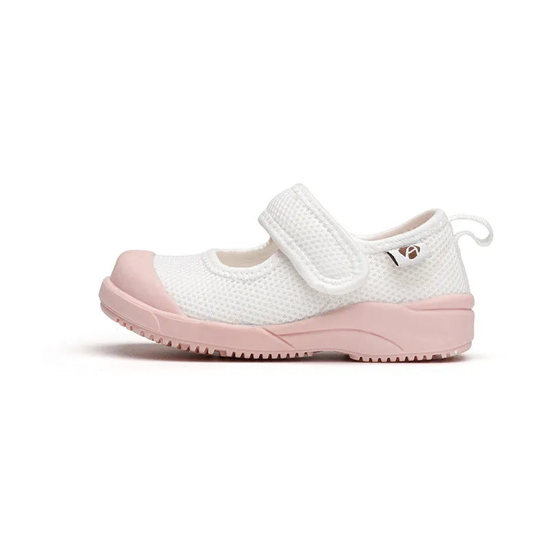 White and pink toddler cloth shoes with mesh uppers and a Velcro fastening strap.
