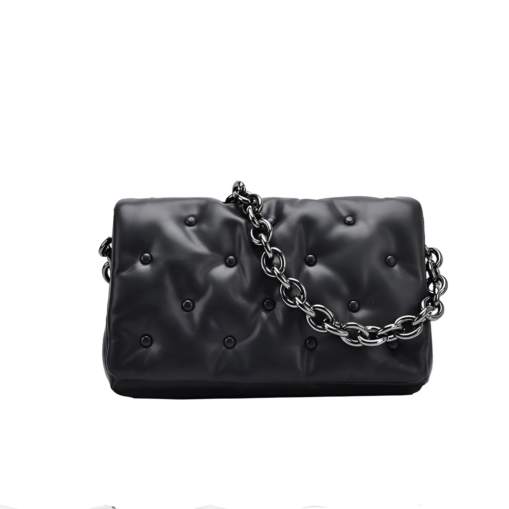 Black small square shoulder bag with PU outer, polyester cotton lining, magnetic buckle and single chain shoulder strap