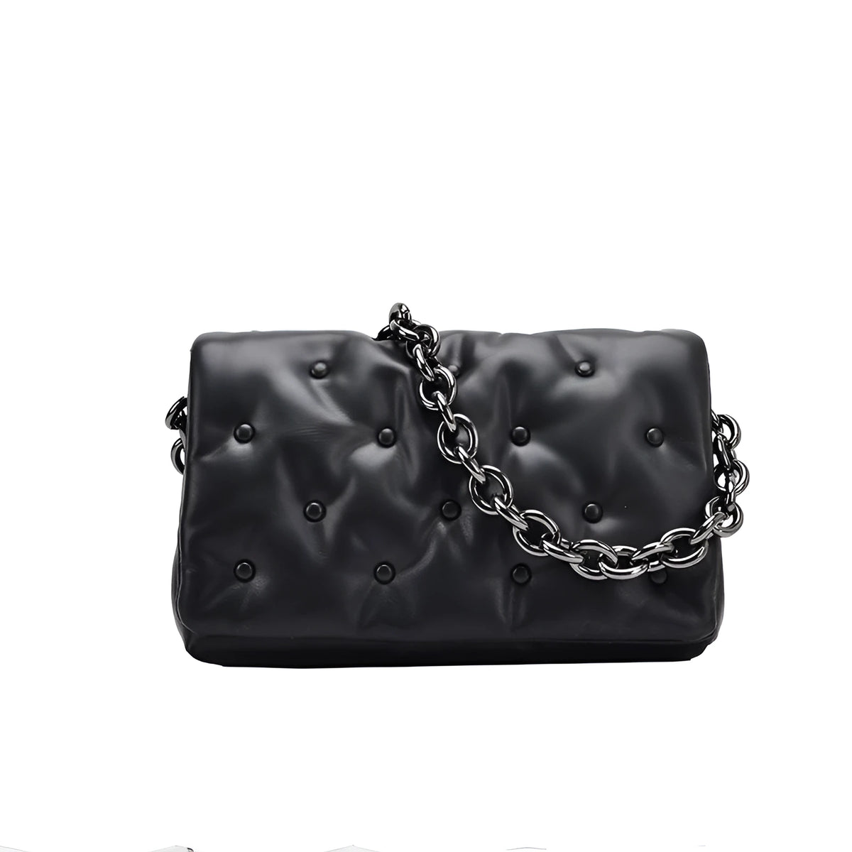 Black small square shoulder bag with PU outer, polyester cotton lining, magnetic buckle and single chain shoulder strap