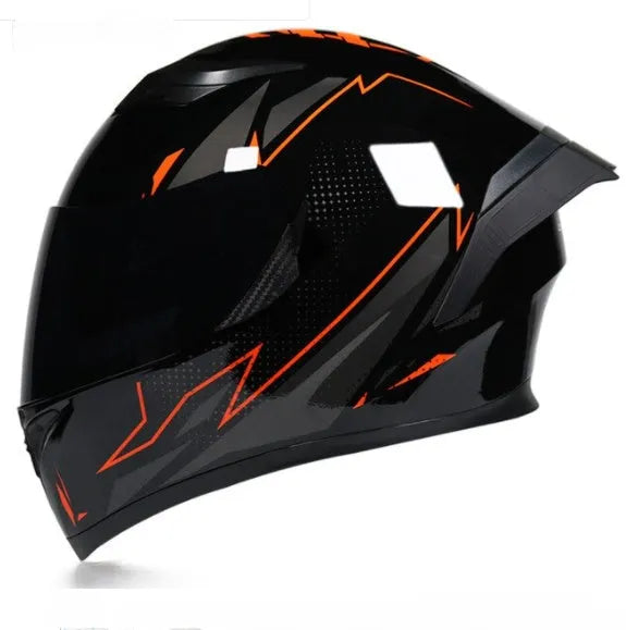 Men and women double lens anti-fog full face motorcycle helmet in ABS, black and red, sizes M to XXL with removable horn
