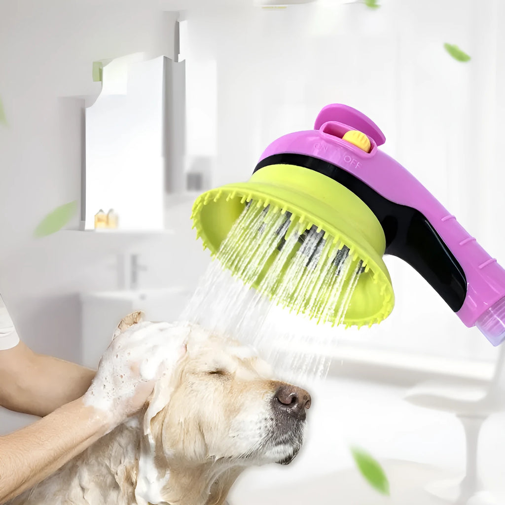 Pet shower kit with massage brush in blue for cleaning and grooming a medium-sized dog