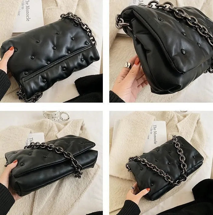 Black small square shoulder bag with PU outer, polyester cotton lining, magnetic buckle and single chain shoulder strap