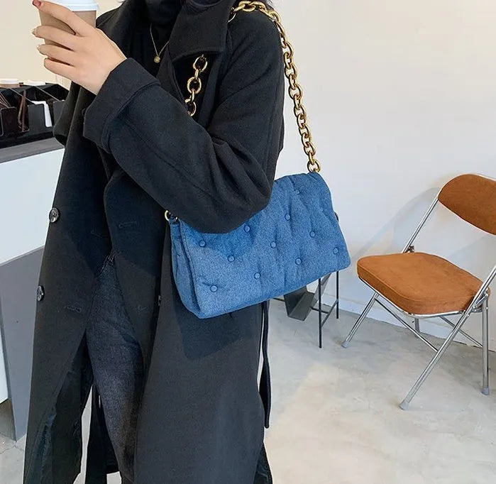 Black small square shoulder bag with PU outer, polyester cotton lining, magnetic buckle and single chain shoulder strap