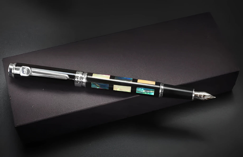 Ceramic colour lacquer pen with metal shell and wood finish, showing three nib sizes: 1.5mm art, 0.5mm writing, and 0.7mm signature