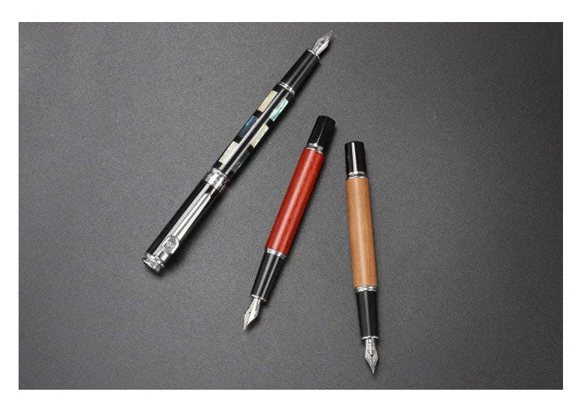 Ceramic colour lacquer pen with metal shell and wood finish, showing three nib sizes: 1.5mm art, 0.5mm writing, and 0.7mm signature