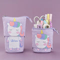 Round canvas pencil bag with cartoon pattern measuring 19cm long by 7.5cm wide by 12.5cm high
