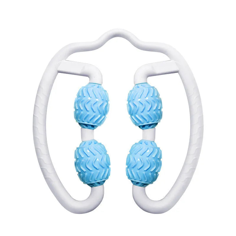 Purple and pink annular silicone leg massage rollers for calf muscle fitness.