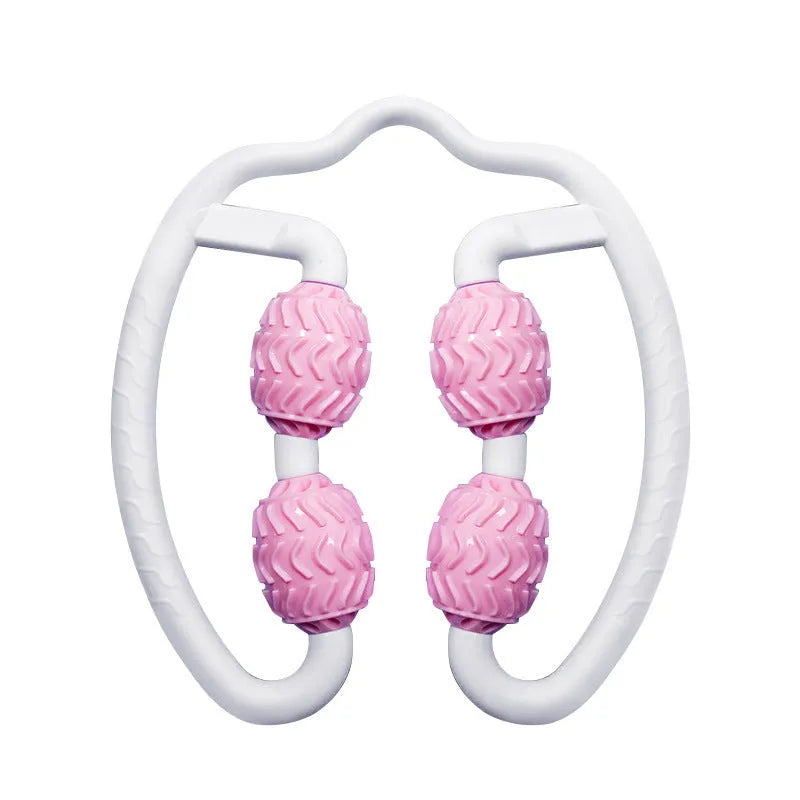 Purple and pink annular silicone leg massage rollers for calf muscle fitness.