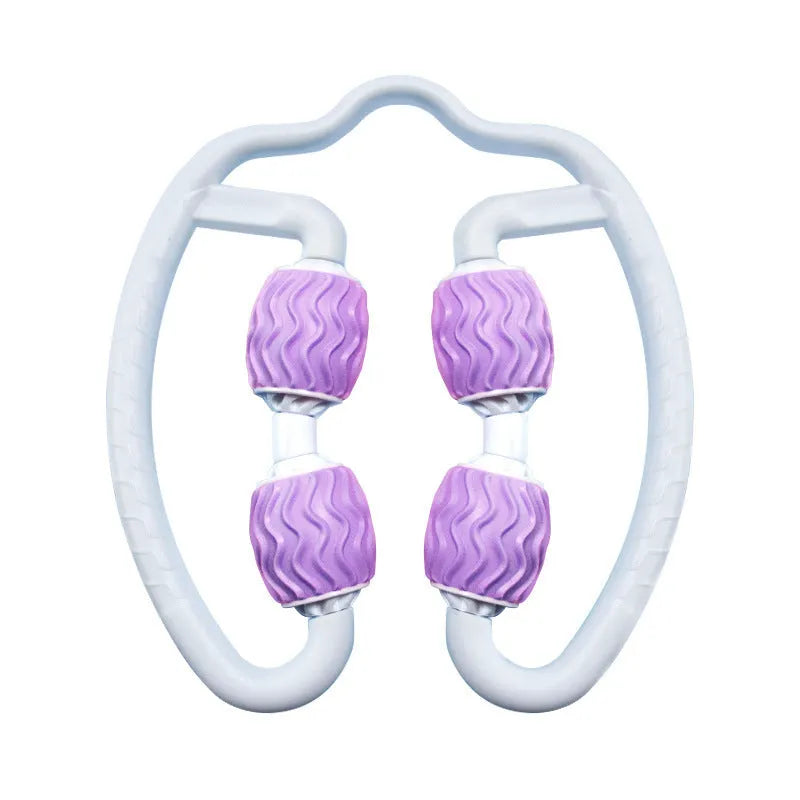 Purple and pink annular silicone leg massage rollers for calf muscle fitness.
