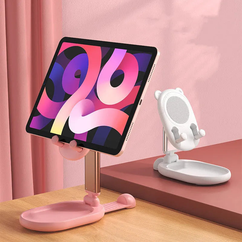 Blue foldable phone holder with mirror for iPhone and iPad on desk