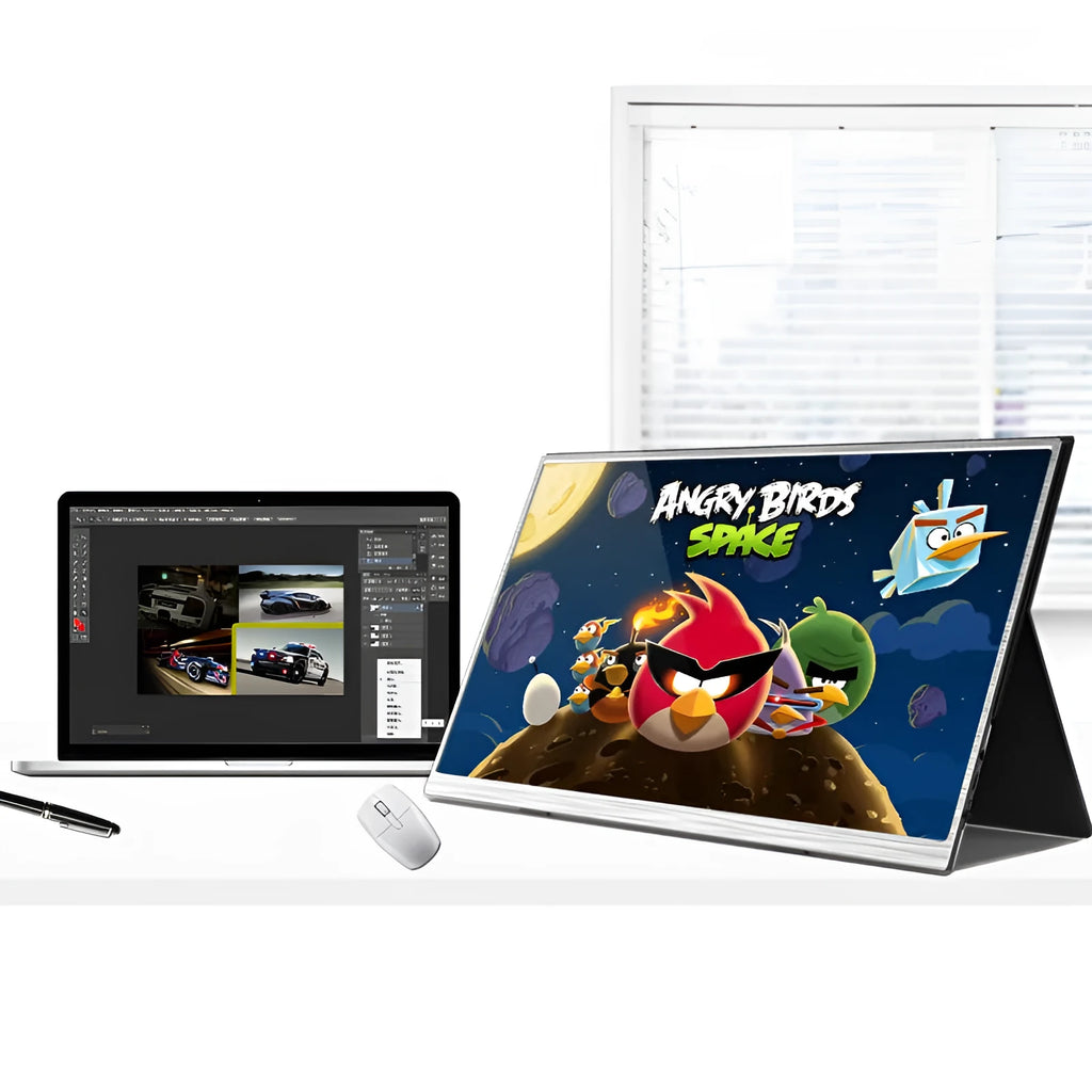 Zeuslap 15 inch ultra-thin portable display monitor with cables on a desk