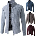 Men's plus velvet thick knit cardigan sweater with stand-up collar and ribbed hem in wine red