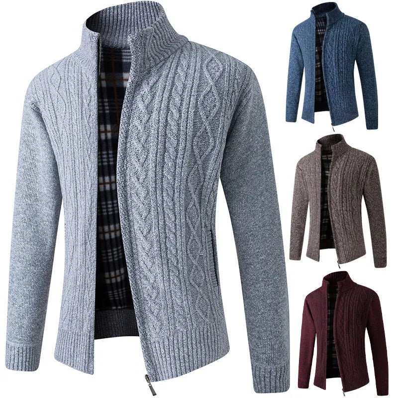 Men's plus velvet thick knit cardigan sweater with stand-up collar and ribbed hem in wine red