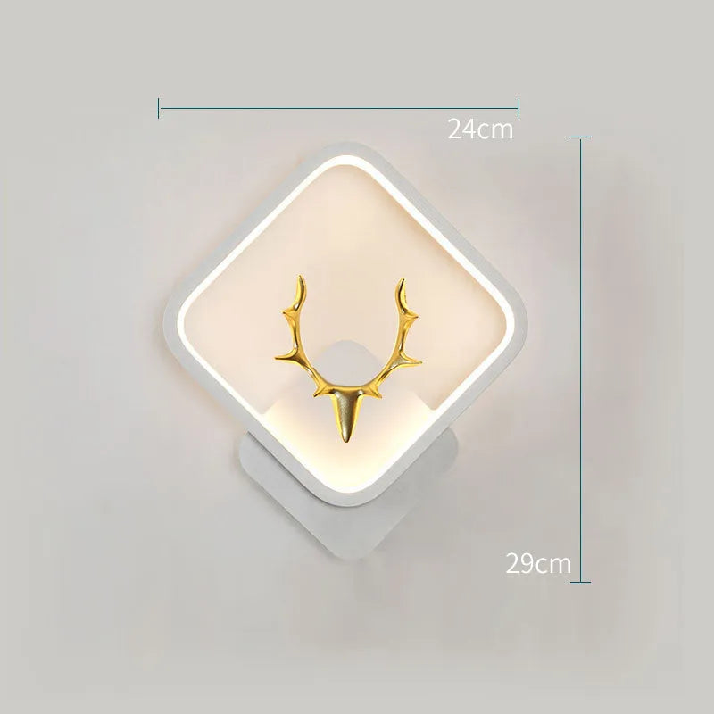 Nordic deer antler wall lamp with remote control showing three style options with dimensions