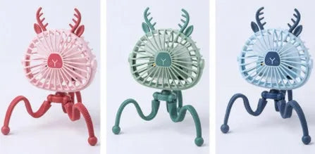 Pink USB rechargeable octopus stroller fan with flexible legs attached to a baby pushchair