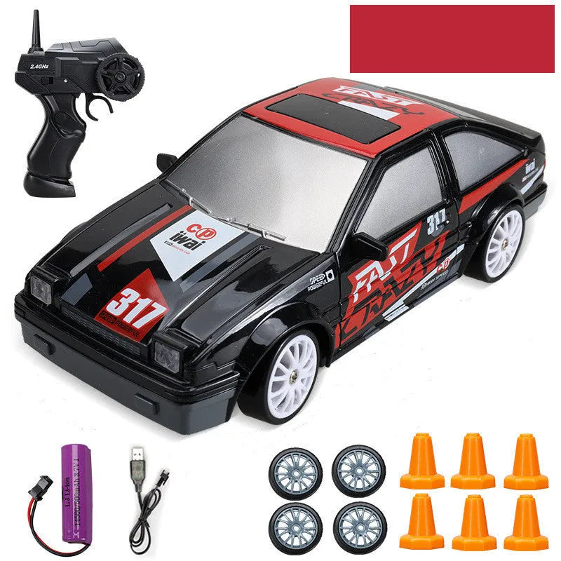 Huangbo red 4WD remote control drift car on a surface showing its 18cm length and plastic construction.