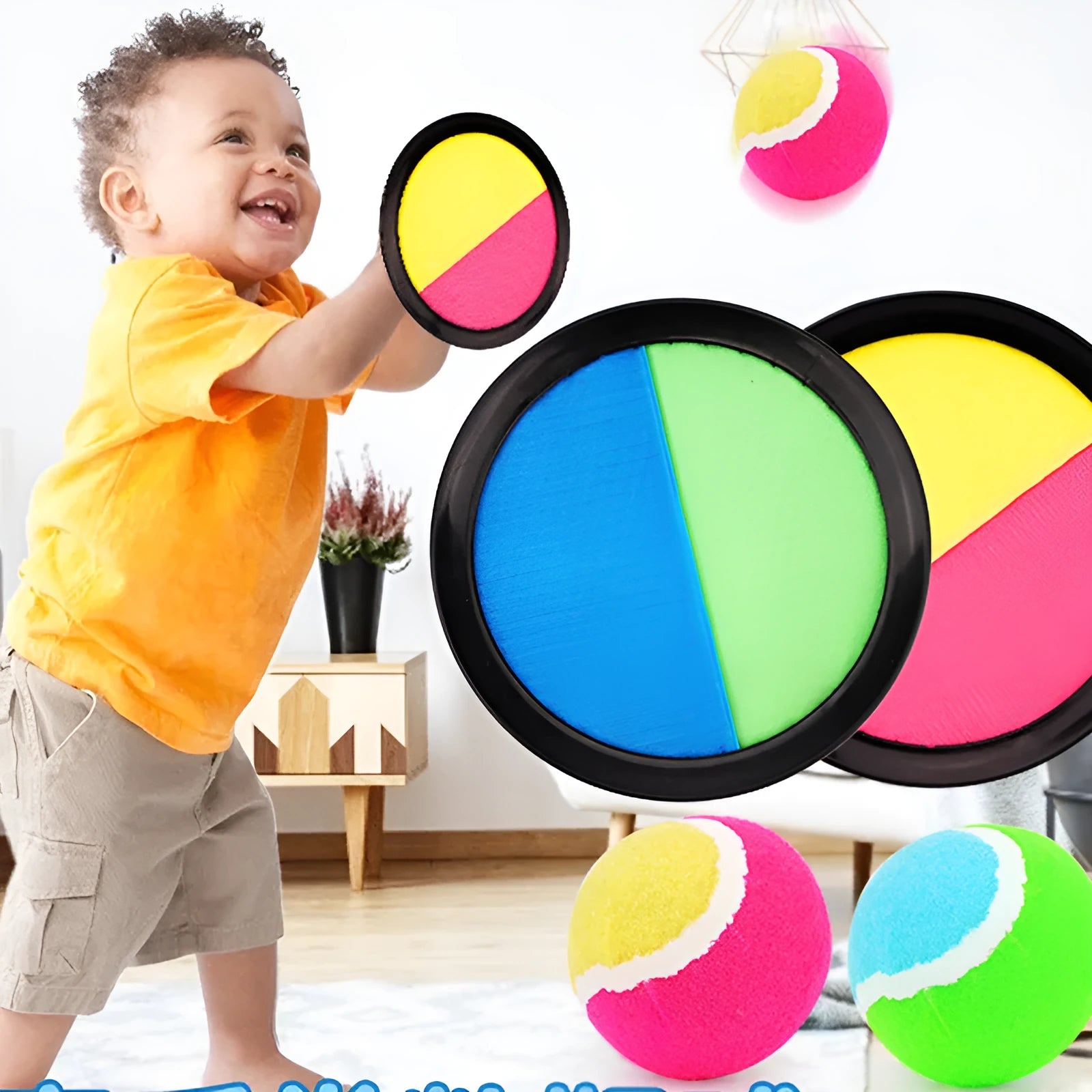 Kids sucker sticky ball toy set with two green and pink self-stick mitts and one flannel ball on grass