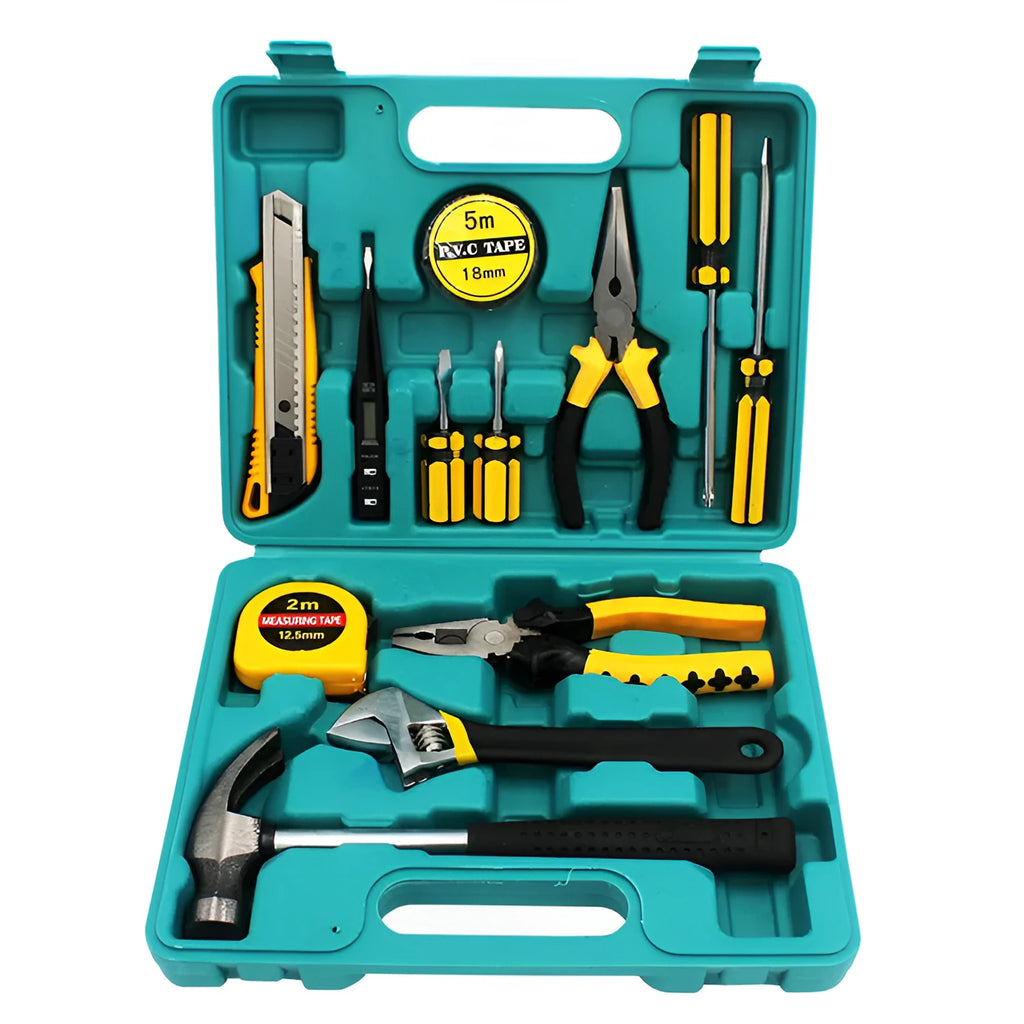 13-piece alloy steel hardware tool set in blow case with pliers, screwdrivers, adjustable wrench, claw hammer, tape measure, tester, and utility knife