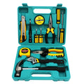 13-piece alloy steel hardware tool set in blow case with pliers, screwdrivers, adjustable wrench, claw hammer, tape measure, tester, and utility knife