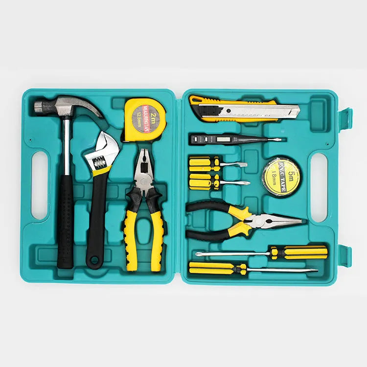 13-piece alloy steel hardware tool set in blow case with pliers, screwdrivers, adjustable wrench, claw hammer, tape measure, tester, and utility knife
