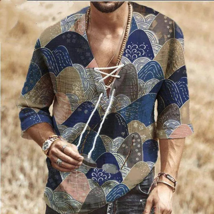 Men's long sleeve stand-up collar shirt with plus velvet thickening, shown in size range XS to XXXXL
