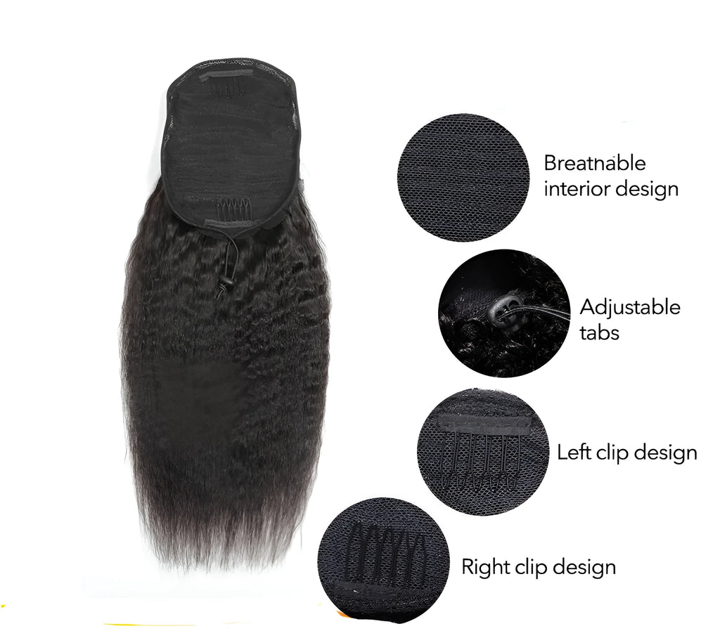 Kinky straight human hair ponytail clip in extension 8 to 28 inch real hair hand woven for ladies