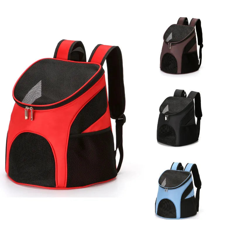 Red portable pet backpack for a small dog, showing medium-soft structure and front mesh panel.