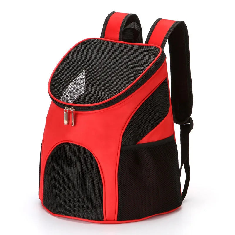 Red portable pet backpack for a small dog, showing medium-soft structure and front mesh panel.