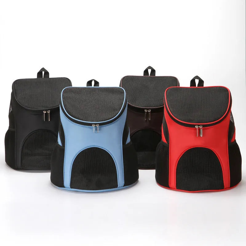 Red portable pet backpack for a small dog, showing medium-soft structure and front mesh panel.
