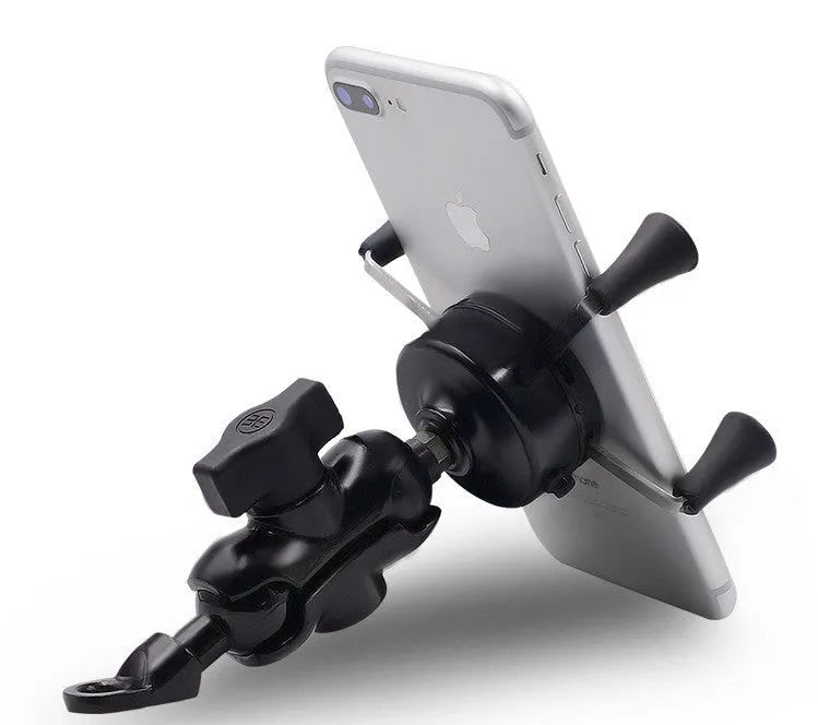 Black aluminium alloy motorcycle phone mount attached to a bicycle handlebar, holding a mobile phone.