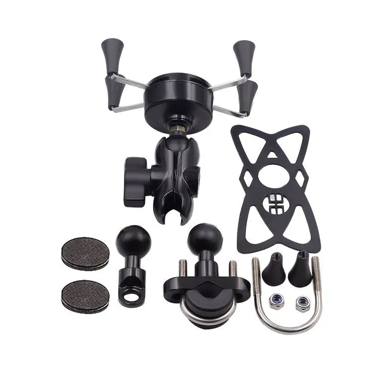 Black aluminium alloy motorcycle phone mount attached to a bicycle handlebar, holding a mobile phone.