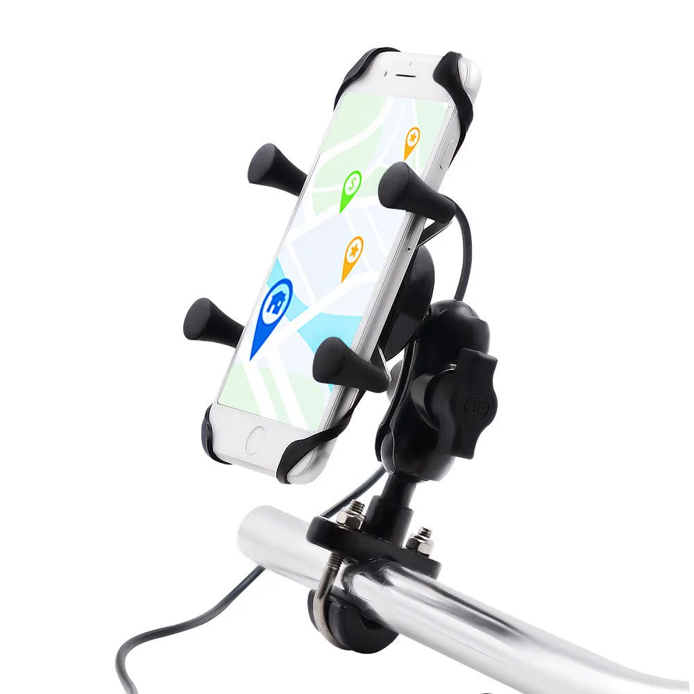 Black aluminium alloy motorcycle phone mount attached to a bicycle handlebar, holding a mobile phone.