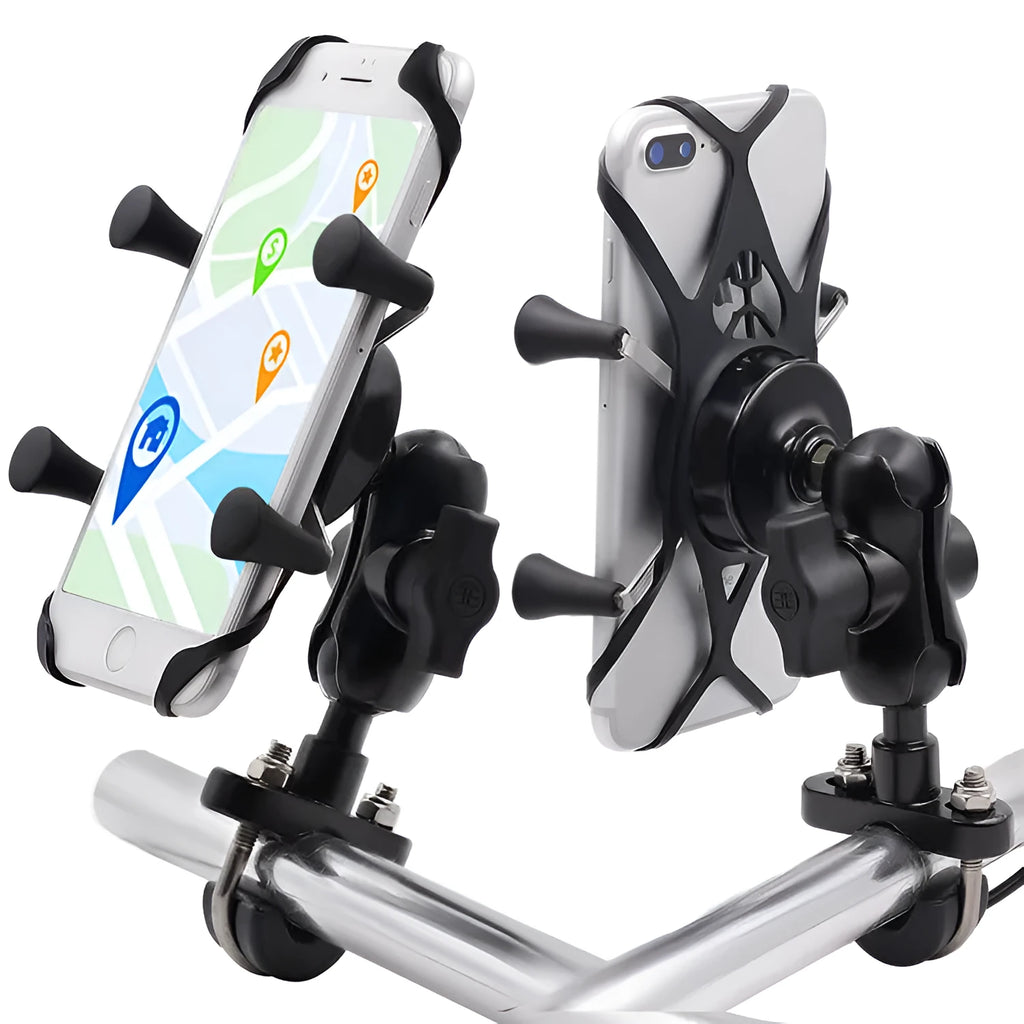Black aluminium alloy motorcycle phone mount attached to a bicycle handlebar, holding a mobile phone.