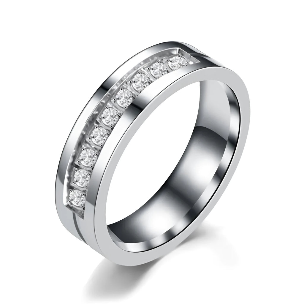 Titanium steel ring with zircon and geometric car line pattern in gold, steel colour or black, sizes 6 to 12.