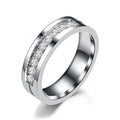 Titanium steel ring with zircon and geometric car line pattern in gold, steel colour or black, sizes 6 to 12.
