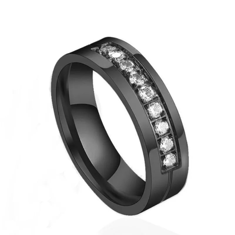 Titanium steel ring with zircon and geometric car line pattern in gold, steel colour or black, sizes 6 to 12.
