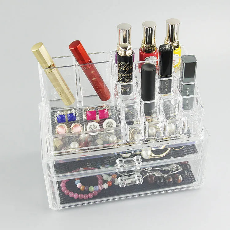 Clear acrylic foldable makeup storage organiser box with 18-litre capacity.