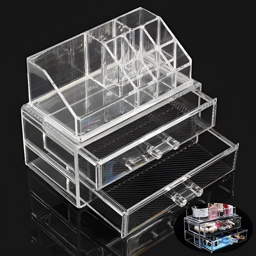 Clear acrylic foldable makeup storage organiser box with 18-litre capacity.