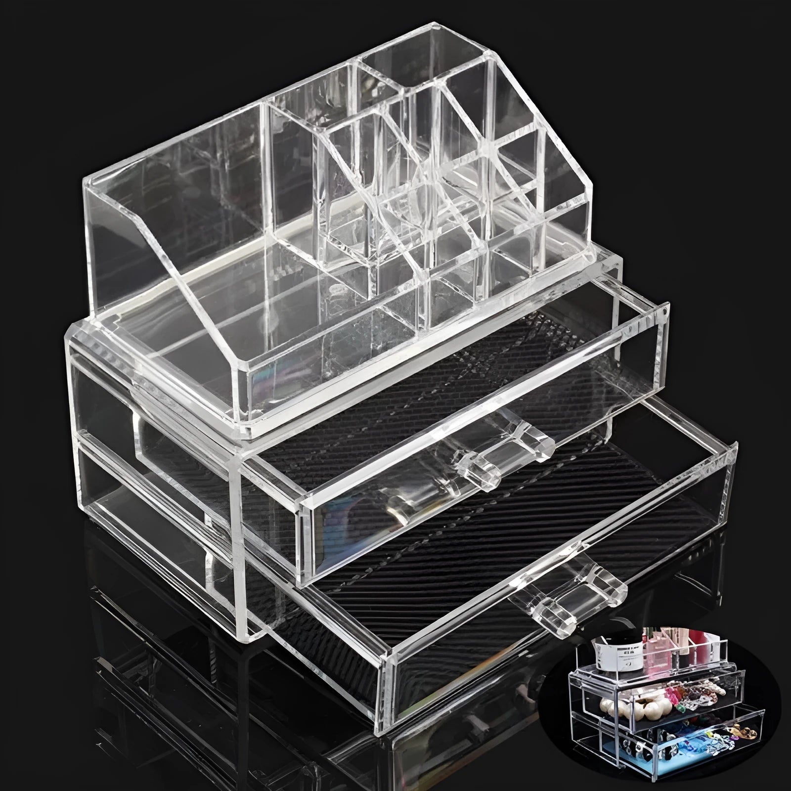 Clear acrylic foldable makeup storage organiser box with 18-litre capacity.